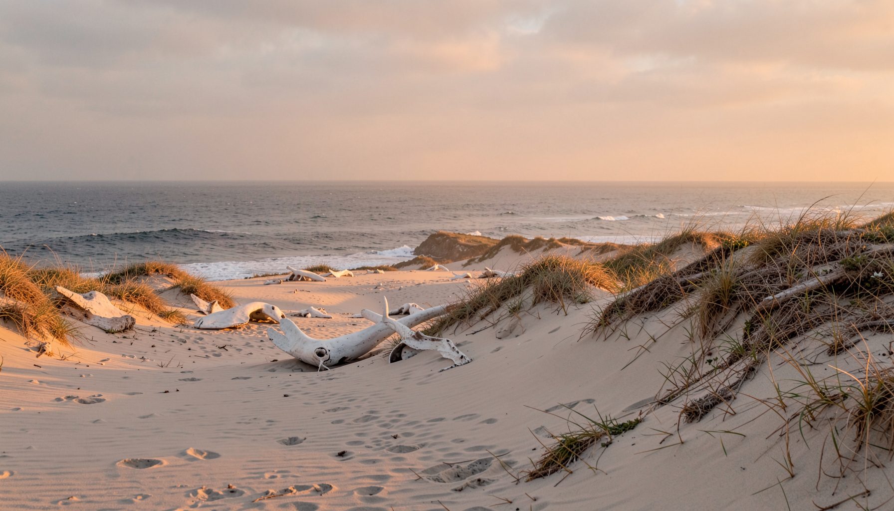 Wide expanse of windswept sand meeting the Atlantic Ocean, scattered whale bones bleached white against pale beige dunes, overcast sky